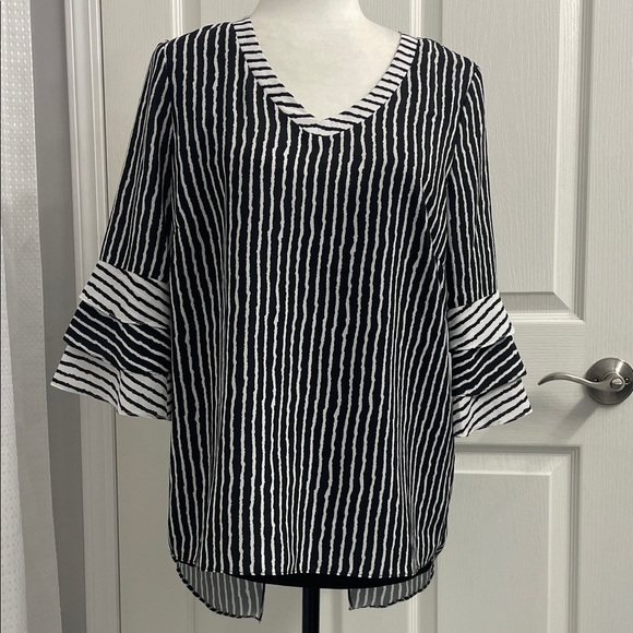 Renuar Black/White Striped Blouse with Tank Top Open Back 3 Layer 3/4 Sleeve SzS - Picture 1 of 12